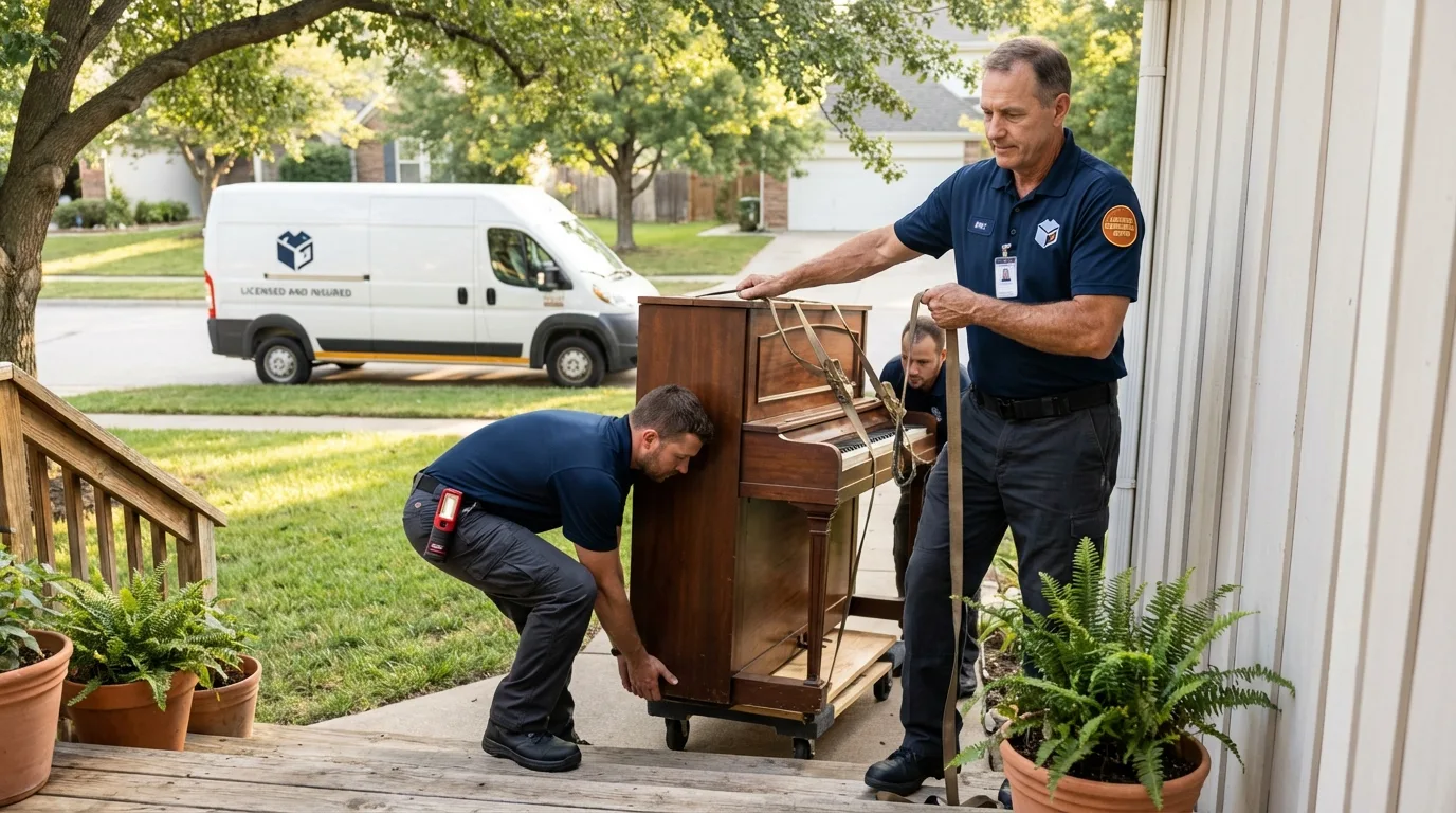 Licensed piano movers securing grand piano in Le Center, MN