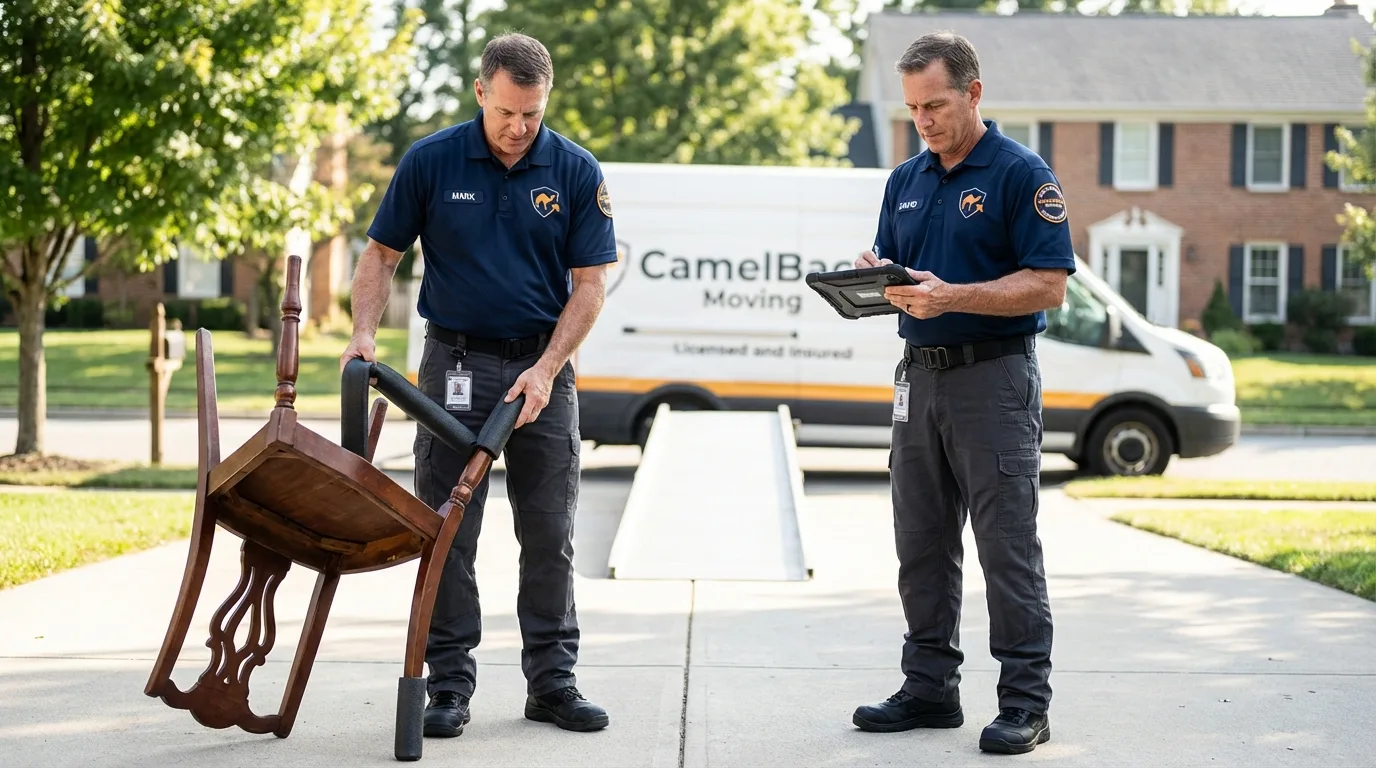 Movers inspecting furniture for damage prevention before loading in Le Center, MN