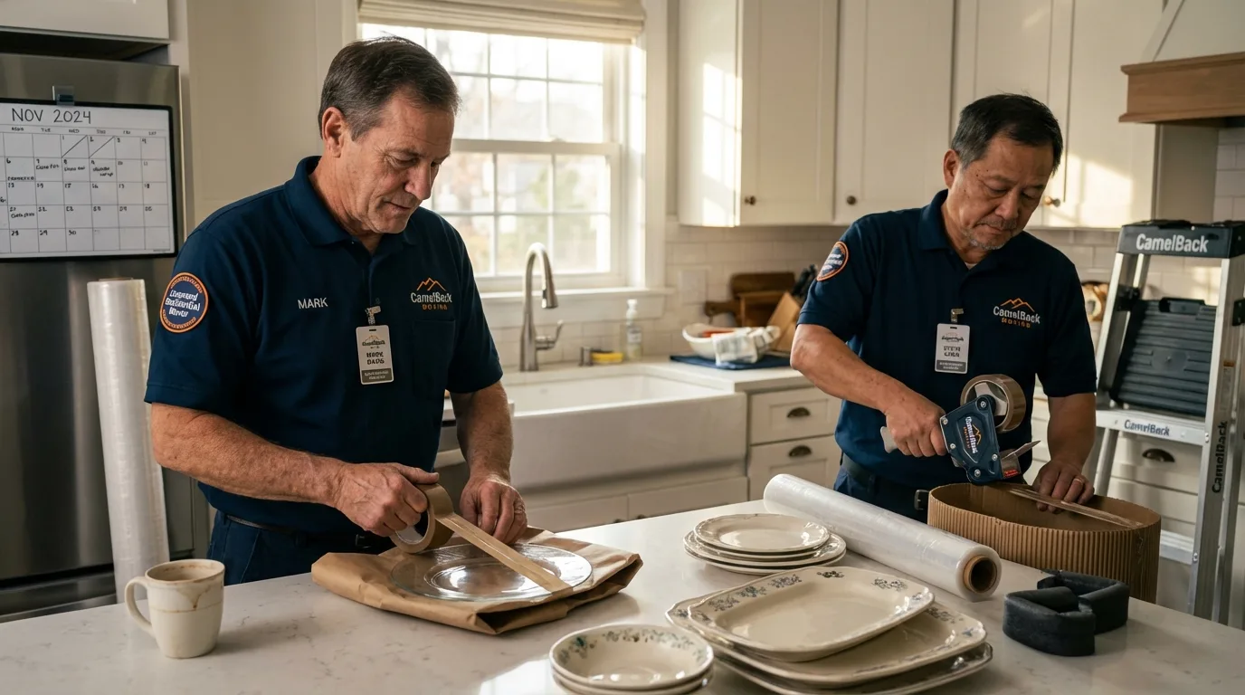 Professional crew packing kitchen dishware in Le Center, MN